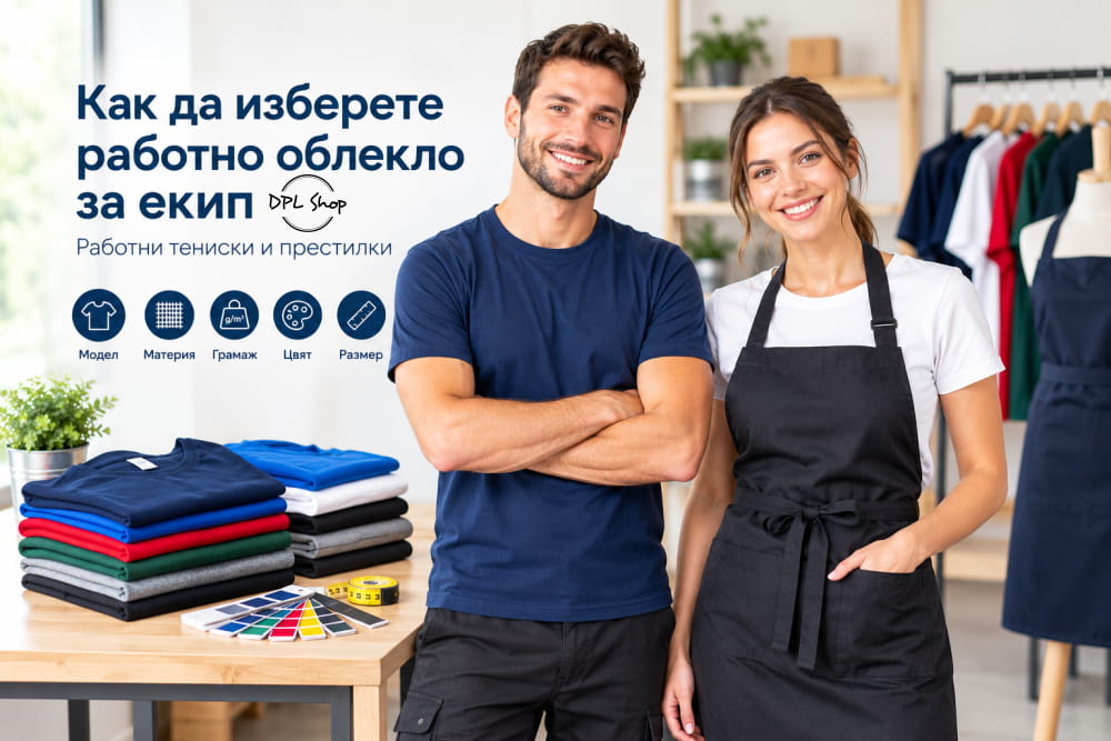 Работно облекло за екип  двама служители пред магазин за дрехи с подредени тениски цветни мостри и шивашки метър