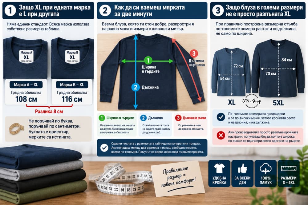 Инфографика защо xl при две марки е различен кои са трите мерки и защо блуза в големи размери не е разпъната xl