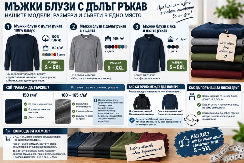 Трите модела мъжки блузи с дълъг ръкав  100 памук 150 гм² 7 цвята 160 гм² и модел с яка 210 гм² размери до 5xl