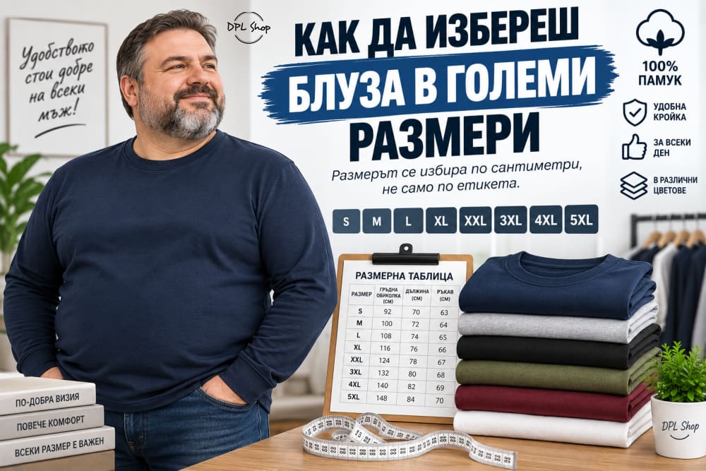Мъж в тъмносиня блуза до размерна таблица s5xl и купчина сгънати блузи