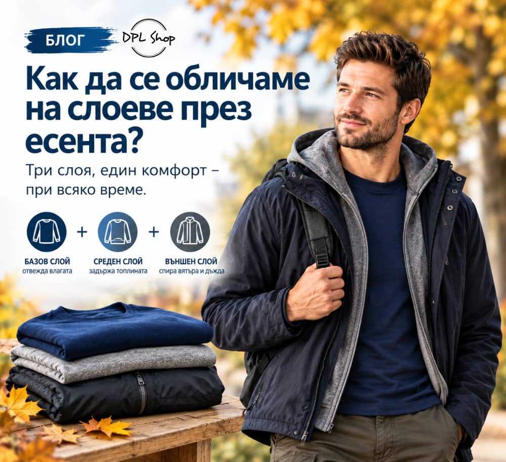 Какво се носи под якето през есента  мъж с яке върху блуза с дълъг ръкав сред есенни листа