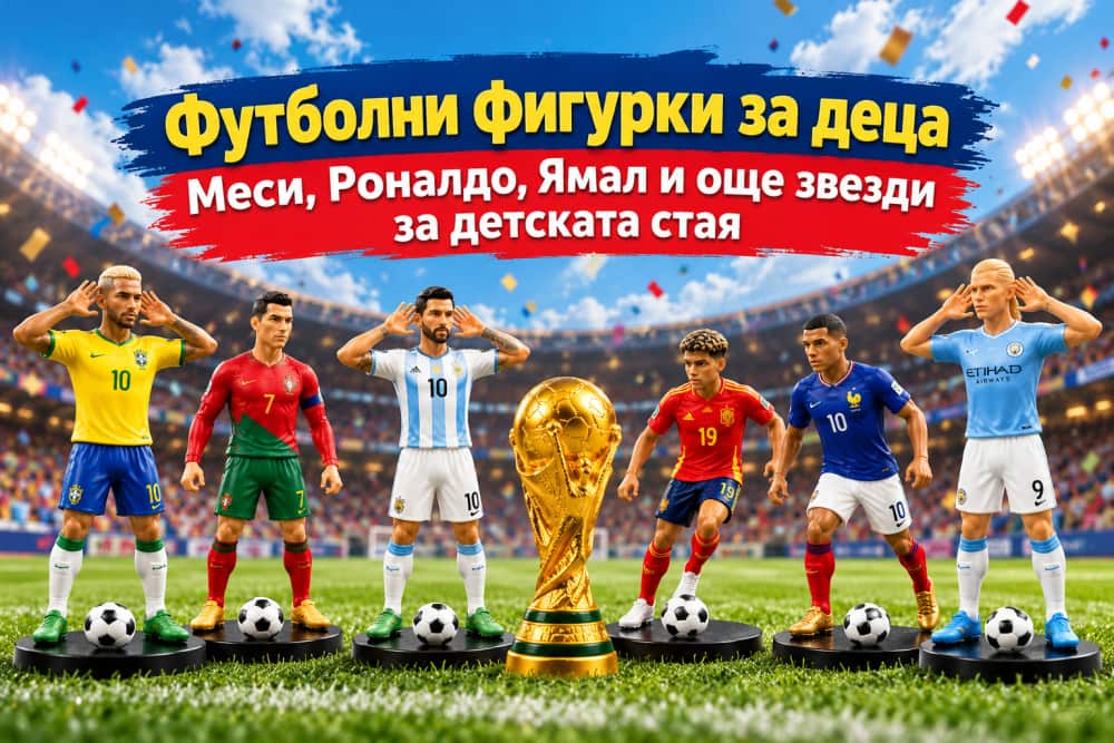 Футболни фигурки на Неймар Роналдо Меси Ямал Мбапе и Холанд около Световната купа